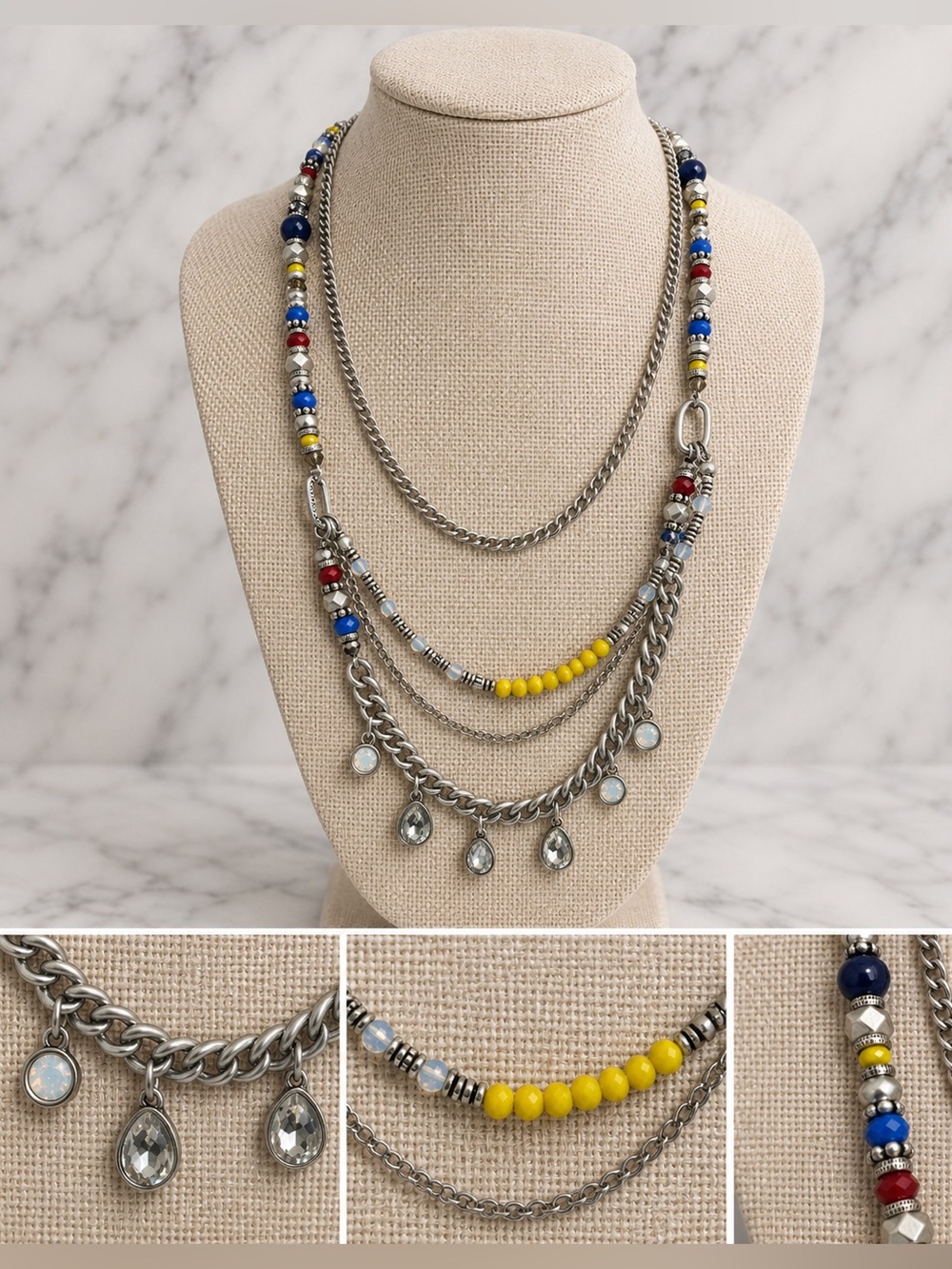 Premier Designs Layered Necklace|Multicolor Beaded|Rhinestone Drop Fringe|NWOT